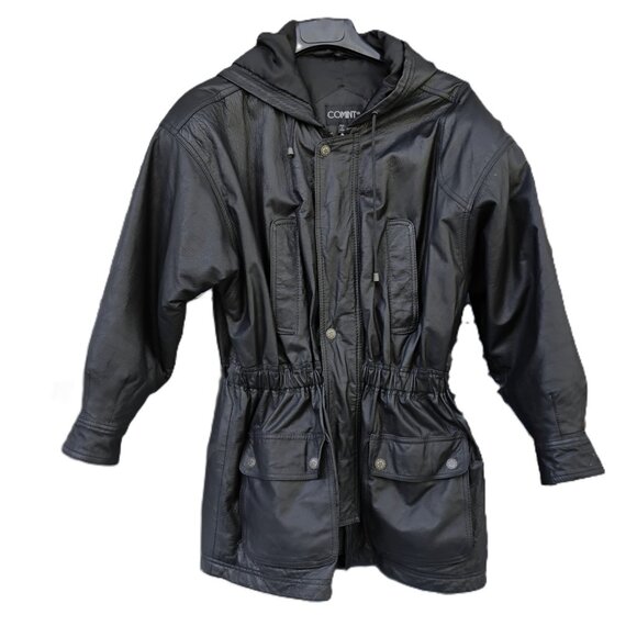 Vintage Comint Black Heavyweight Hooded Leather Coat Drawstring Waist M - Picture 2 of 9